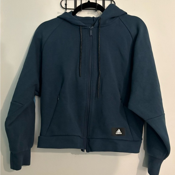 Adidas Womens Small‎ Full Zip Cropped Hoody Sample Zipped Pockets Blue 3 Stripes - Picture 1 of 11